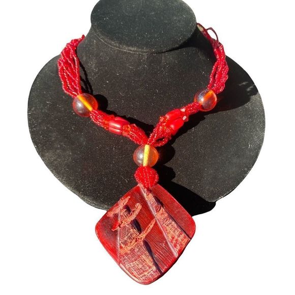 Vintage Jewelry - Vintage Red Glass Pendant Necklace